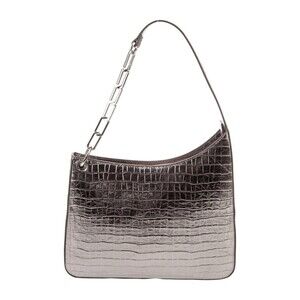 Stine Goya Lexie Silver Metallic Croc Embossed Leather Shoulder Bag Chain Detail